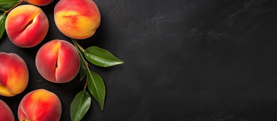 Aufkleber - Top view of ripe peaches placed on a black stone background creates a wide composition enhancing the healthy food concept and allowing for copy space image