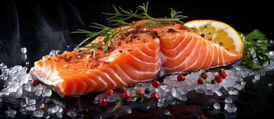 Sticker - A close up view of salmon or trout steak ready for cooking The fresh raw fish is seasoned with salt pepper lemon and barbecue sauce It is placed on a black stone concrete table with a copy space imag