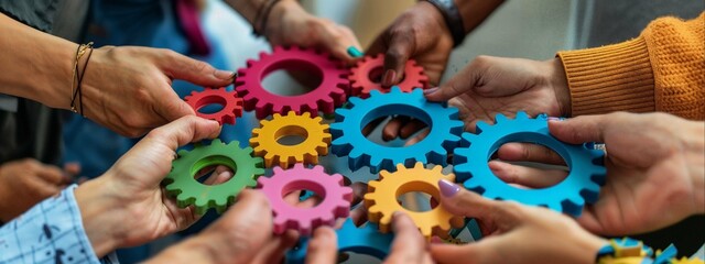 Close up of a team of business people holding colorful gears in their hands working together