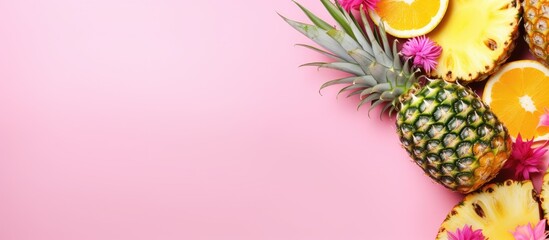 Sticker - Top view of a tropical flat lay featuring a creative layout of a gold pineapple banana and lemon on a pink background The image showcases exotic food concept and crazy trend with ample copy space