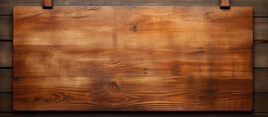 Poster - A wooden chopping board with an apron is seen from a top view on a wooden table The board is empty and has a handle and a hole for hanging There is copy space available in the image