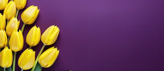 Aufkleber - A top down view of yellow tulips contrasting against a vibrant purple backdrop forming a captivating Valentine s background with copy space image