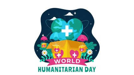Wall Mural - Animation of World Humanitarian Day Vector Illustration featuring a Global Celebration of Helping People, Charity, Donations, and Volunteering on a Flat Background