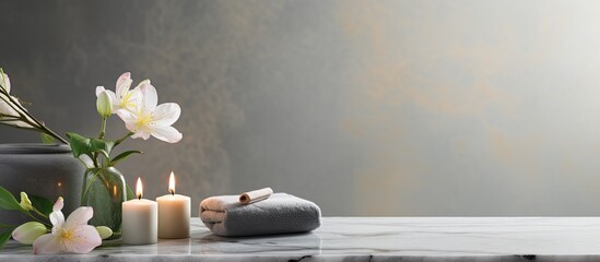 Sticker - A serene spa setting with a treatment concept showcased on a sleek gray marble background A copy space image ideal for promoting relaxation and pampering indulgence