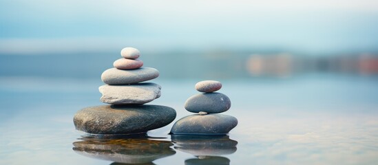 Sticker - A stack of wet rough natural stones in various sizes and shapes forms a pyramid like landmark in shallow water set against a blurred copy space image of a misty blue green background