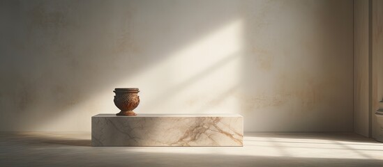 Poster - The image showcases a gray stone pedestal placed on a marble desk against a wall with a window casting a shadow The composition creates a vacant area to display your products. Creative banner