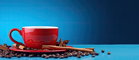 Wall Mural - A vibrant red cup of coffee adorned with coffee beans sugar cubes and star anise placed on a captivating blue background providing ample space for creative elements in the image