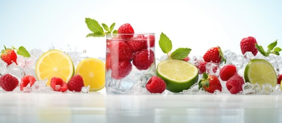 Sticker - Copy space image of summer refreshing drinks including fruit and berry raspberry mojito or lemonade with fresh mint frozen raspberries slices of lemon and ice on a light background