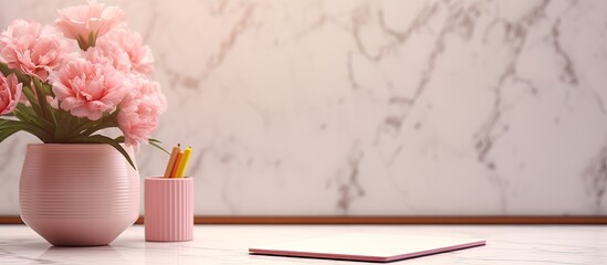 Aufkleber - Copy space image of a terrazzo desk adorned with a mockup office pad a delicate bouquet of pink carnations in a vase and a matching pink pencil