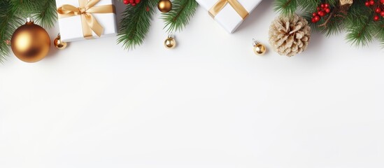 Poster - A top view Christmas background featuring a decorated fir tree gift box and various decorations on a white backdrop with ample room for additional text or images
