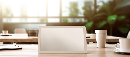 Aufkleber - An empty workplace in a meeting room with a tablet on a white table There is a paper with graphics and a cup of coffee nearby The image has copy space
