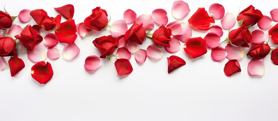 Aufkleber - A stunning arrangement of red roses and rose petals on a white backdrop A floral template with copy space perfect for occasions like Valentine s Day Mother s Day anniversaries weddings and birthdays