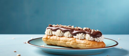 Sticker - A traditional dessert the chocolate eclair is showcased on a plate with a creamy topping against a pastel blue backdrop The image offers a copy space for banners