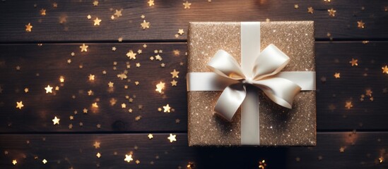 Poster - A top down view of an elegant Christmas gift beautifully wrapped in white paper and placed on a wooden surface adorned with sparkling stars This image embodies the spirit of New Year holidays and cel