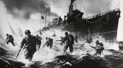 Wall Mural - Black and white depiction of soldiers wading through rough seas towards a beach, with a large military ship in the background during a wartime landing.