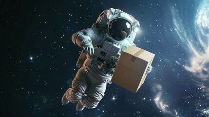 an astronaut floating in space holding a cardboard box against a backdrop of stars, symbolizing spac