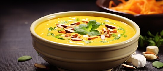 Aufkleber - A healthy vegetable cream soup with pumpkin puree chicken meat pumpkin seeds and green onions Perfect for a balanced diet Copy space image