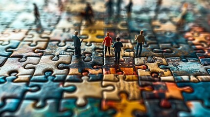 Miniature people standing on a colorful jigsaw puzzle surface