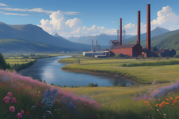 Wall Mural - Nature meets industry in vibrant digital painting: rivers, mountains, and factories blend in serene harmony.