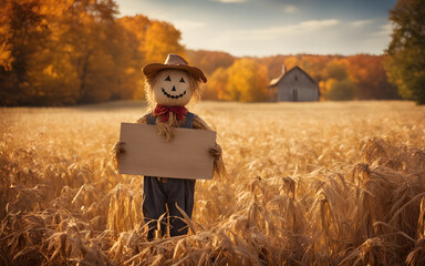 Wall Mural - Scarecrow with a blank sign in an autumn field, warm ambient light, fall harvest festival template