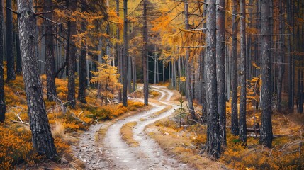 Canvas Print - Autumn forest scenery with a twisting path surrounded by towering pine trees and yellow foliage in the front