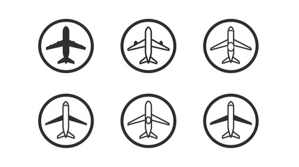 Airplane icon takeoff logo black pictogram set vector or plane take off flying silhouette shape graphic simple plain clipart symbol, airport airline jet circle sign, aeroplane thin line outline art