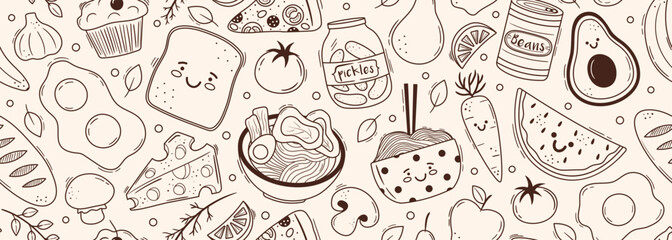 Seamless vector banner with cute asian food characters. Bread, eggs, avocado, ramen, beans, pizza line drawings on wide background. Funny pattern with doodle snacks, desserts, lunch and dinner