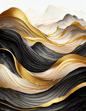 Luxury background with golden and black ink waves