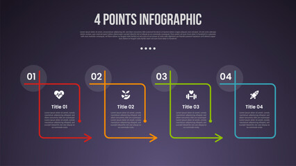 Wall Mural - 4 points or step process infographic with outline table box with arrow direction and circle header edge with modern dark style for slide presentation