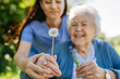 © Halfpoint - Female caregiver and senior woman in wheelchair holding dandelion, picking wild flowers. Nurse and elderly woman enjoying a warm day in nursing home, public park.