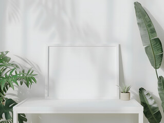 Empty frame mockup on a white table with plants 