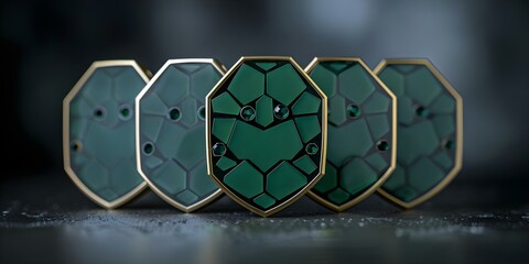 Wall Mural - Hexagonal green shield badges with gemstones on black background for awards. Concept Awards, Badges, Gemstones, Hexagonal Shape, Green Shield