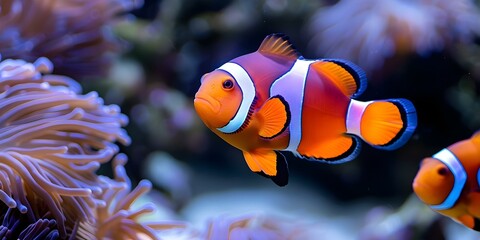 Wall Mural - Clownfish with distinctive orange and white coloring swim together in a colorful aquarium. Concept Marine Life, Clownfish, Underwater World, Colorful Aquarium, Tropical Fish