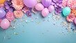 © jeepbabes - bordüre, aus, blumen, und, baloons, pink, lila, rahmen, floral, blume, hintergrund, neu, abbildung, copy space, gestalten, entwerfen, kreativ, design, kunst, süss, niedlich, Kinder, feier, party, 3d