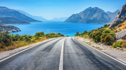 Empty highway between mountain peaks, sea coast on one side of the road, blue water, clear sunny day, incredible nature, bright saturated colors