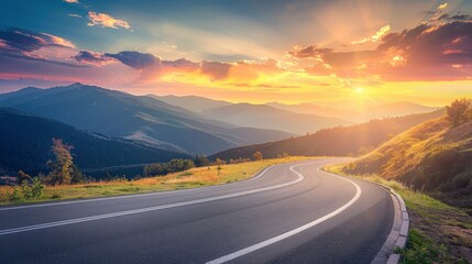 Canvas Print - Empty highway in the beautiful mountains, sky illuminated by the sun's rays at sunset, incredible nature, bright saturated colors