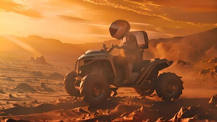 Sticker - Astronaut Rides ATV on Alien Desert Landscape with Ai generated.
