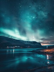 long exposure photo of fantastic aurora borealis in night sky full of bright stars, beautiful landsc