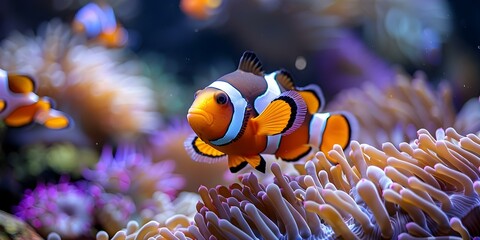 Wall Mural - Ocellaris clownfish swimming among anemone in the ocean reef habitat. Concept Marine Life, Coral Reef Ecosystem, Clownfish Behavior, Underwater Photography, Ocean Conservation