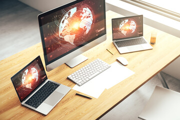 Wall Mural - abstract graphic world map on modern laptop screen, connection and communication concept. 3d renderi