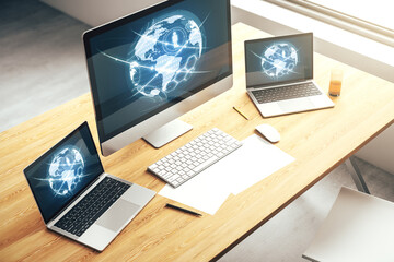 Wall Mural - social network media concept with world map on modern computer monitor. 3d rendering