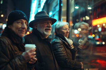 Poster - Mature man with a beard and mustache in a hat with a cup of coffee in the city at night