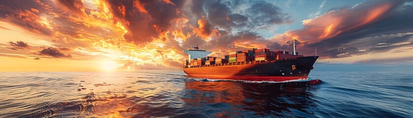 Editorial photography of a cutting-edge cargo container ship integrating modern technology for global logistics, showcasing world maps and supply chain networks
