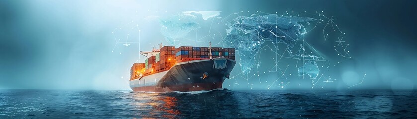 Editorial photography of a cutting-edge cargo container ship integrating modern technology for global logistics, showcasing world maps and supply chain networks