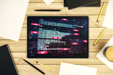 Wall Mural - top view of modern digital tablet display with abstract software development hologram, research and 