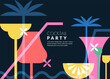 © Qualit Design - Night beach cocktails party banner, poster, flyer template. Summer tropical bar vector geometric illustration. Abstract color block flat background for alcohol list menu design
