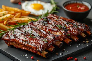 Wall Mural - Mouthwatering BBQ ribs served with fries and garnished with herbs on a dark plate