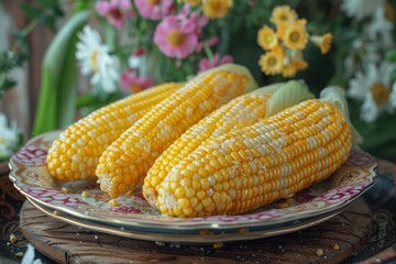 Raw bright yellow corn cobs on a decorative plate with a floral backdrop