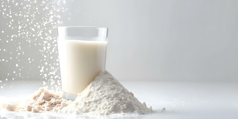 Fresh milk and protein powder in a glass on white background. Concept Milk, Protein Powder, Glass, White Background, Healthy Drink