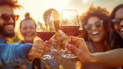 Wall Mural - Happy group of friends having fun together at the dining table with wine and food in the restaurant or bar